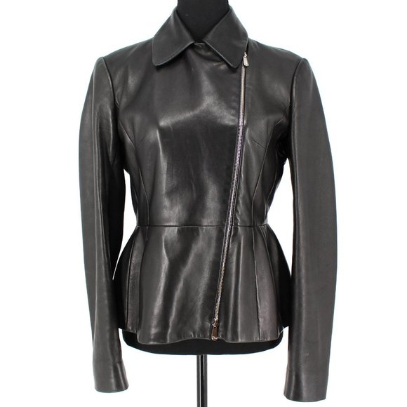Christian Dior Peplum Black Lamb Leather Silk Lined Zip Up Jacket 40 Medium - Picture 1 of 8